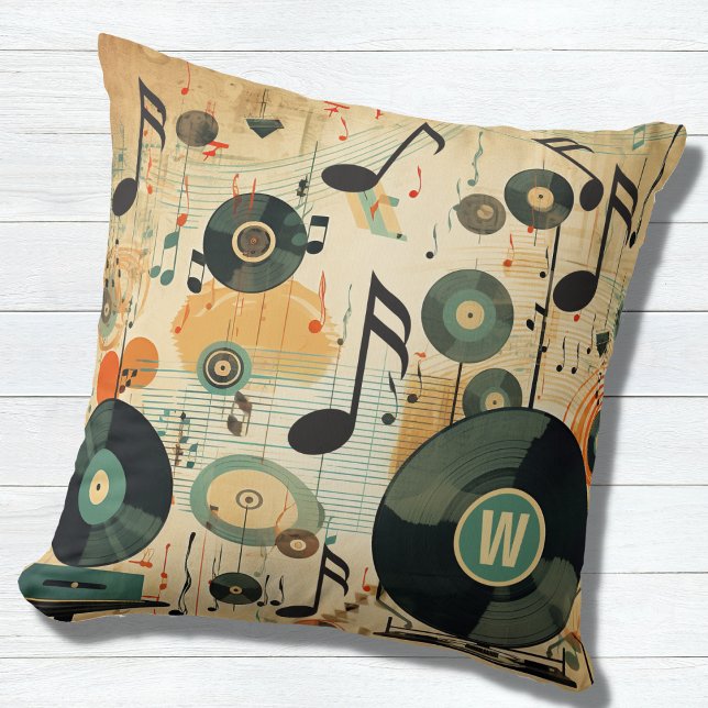 Retro Music Lover's Vinyl Muzieknoten Monogram Kussen (Creator heeft geüpload)