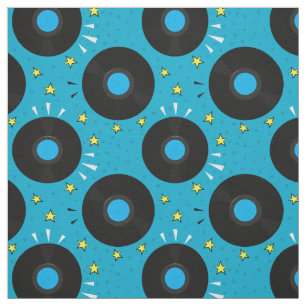 Retro Music Vinyl Records Patroon op blauw Stof
