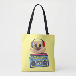 RETRO MUSICAL PUG EN CASSETTE PLAYER TOTE BAG