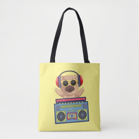 RETRO MUSICAL PUG EN CASSETTE PLAYER TOTE BAG (Voorkant)