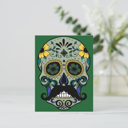 Retro Mustache Sugar Skull Briefkaart (Staand voorkant)
