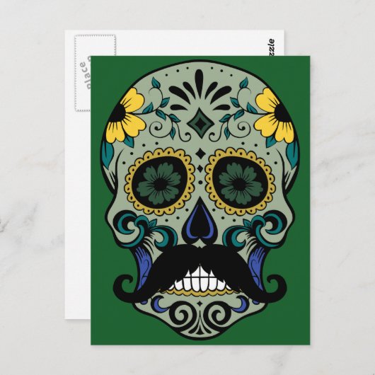 Retro Mustache Sugar Skull Briefkaart (Voorkant / Achterkant)