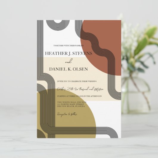 Retro Mustard Beige Terracotta Abstracte bruiloft Kaart (Staand voorkant)