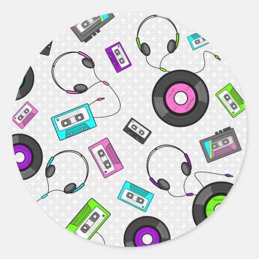 Retro muziekpatroon ronde sticker (Voorkant)