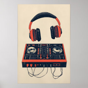 Retro muziekposter DJ-mixer en hoofdtelefoonprint Poster