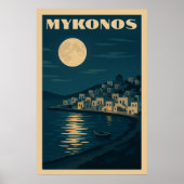 Retro Mykonos Maan Vintage Art Deco Stijl Reizen Poster (Voorkant)
