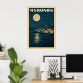 Retro Mykonos Maan Vintage Art Deco Stijl Reizen Poster (Thuiskantoor)