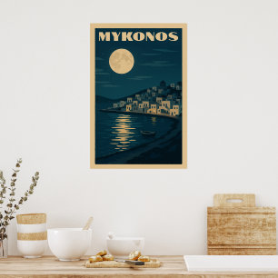 Retro Mykonos Maan Vintage Art Deco Stijl Reizen Poster