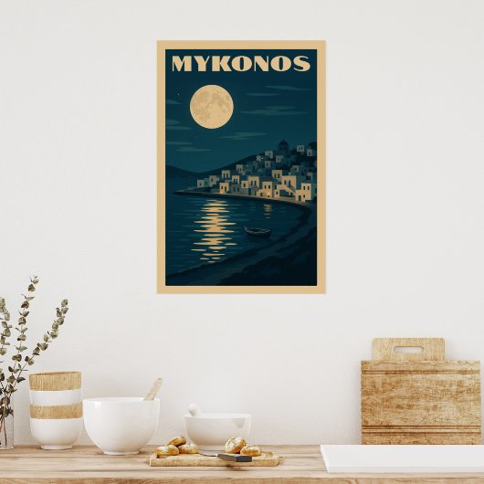 Retro Mykonos Maan Vintage Art Deco Stijl Reizen Poster (Keuken)