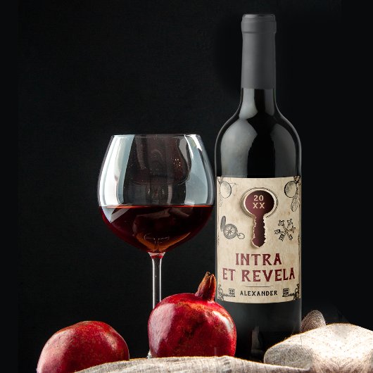 Retro  Mysterie Rode Escape Room Latijnse woorden Wijn Etiket