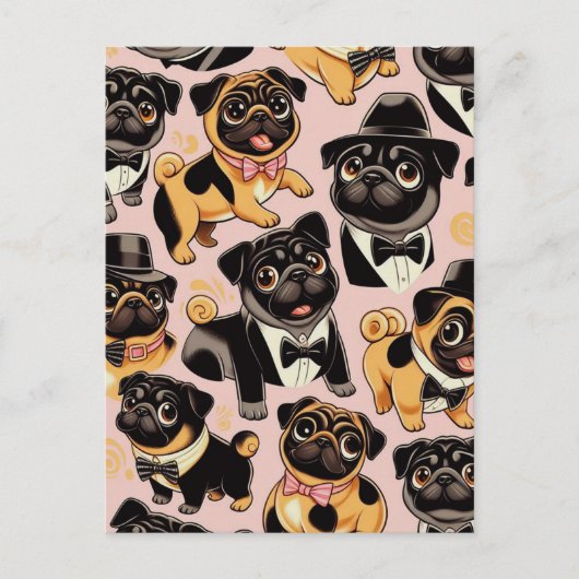 Retro Naadloze Schattigee Pug Briefkaart (Voorkant)