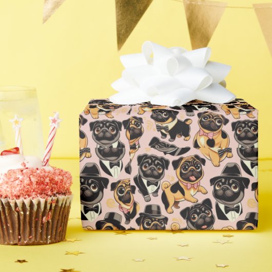 Retro Naadloze Schattigee Pug Cadeaupapier (Verjaardagsfeest)