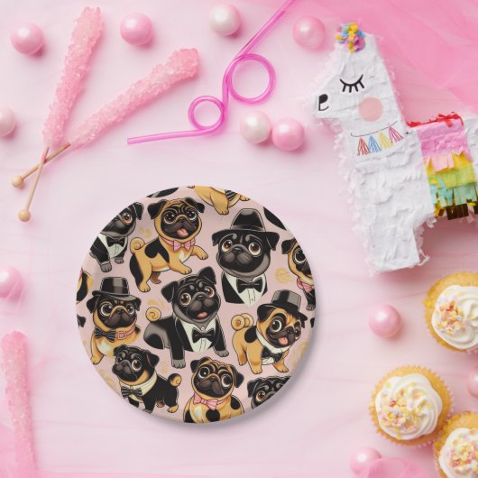 Retro Naadloze Schattigee Pug Papieren Bordje (Feest)