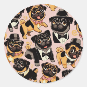 Retro Naadloze Schattigee Pug Ronde Sticker
