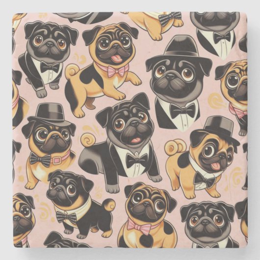 Retro Naadloze Schattigee Pug Stenen Onderzetter (Voorkant)