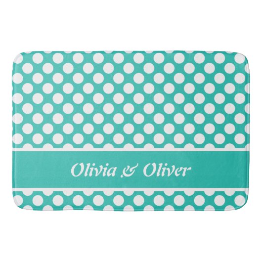 Retro Name Turquoise & White Polka Dot Pattern Badmat (Voorkant)