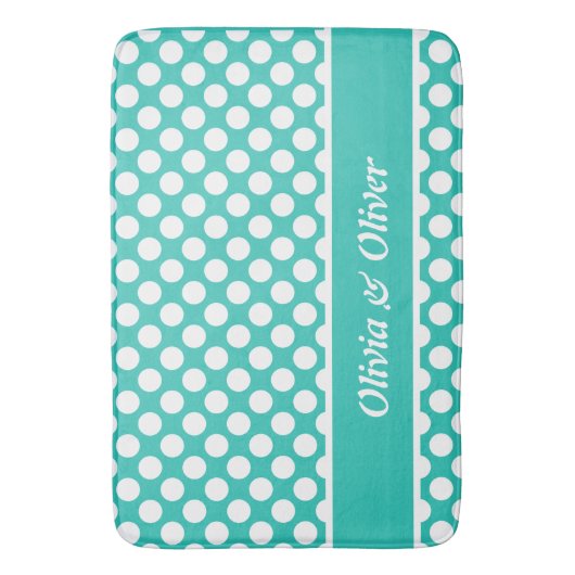 Retro Name Turquoise & White Polka Dot Pattern Badmat (Voorkant Verticaal)