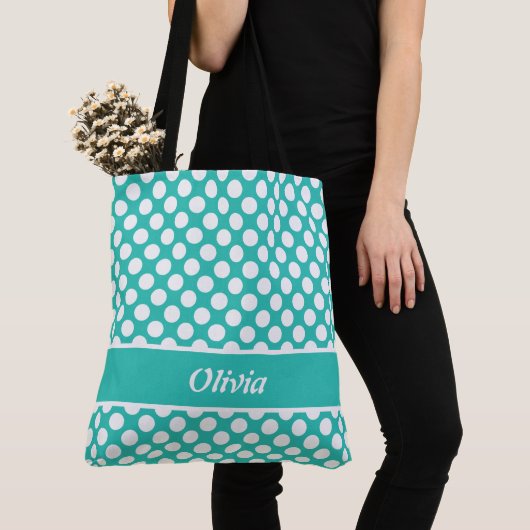 Retro Named Turquoise & White Polka Dot Canvas tas (Dichtbij)