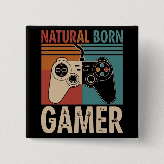 Retro Natural Born Gamer Funny Vierkante Button 5,1 Cm (Voorkant)