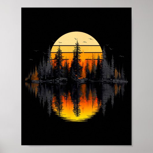 Retro natuur bomen reflectie zonsondergang bos poster (Voorkant)