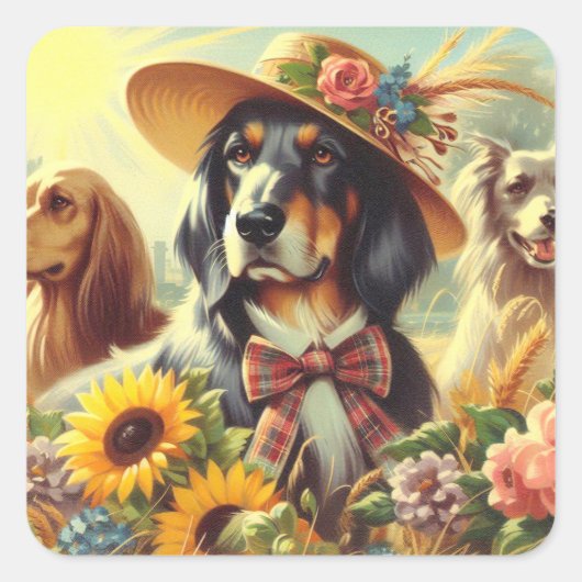 Retro Natuur Honden Vierkante Sticker (Voorkant)