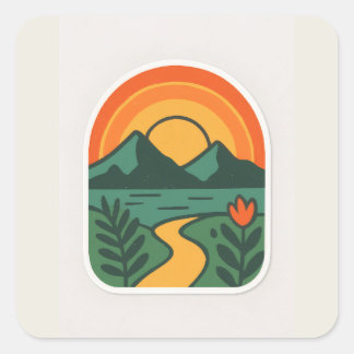 Retro Natuur Sunset - Mountain Vierkante Sticker