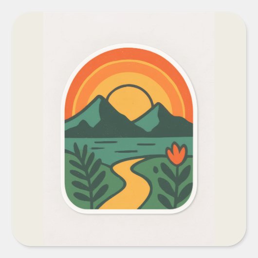 Retro Natuur Sunset -  Mountain Vierkante Sticker (Voorkant)