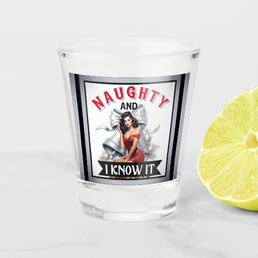 Retro Naughty en I Know It Christmas Pinup Shot Glas (Voorkant)