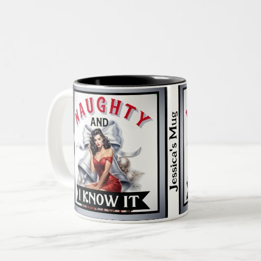 Retro Naughty en I Know It Christmas Pinup Tweekleurige Koffiemok (Voorkant links)