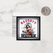 Retro Naughty en ik ken het Kerstmis Pinup Notitiekaartje (Voorkant / Achterkant in situ)