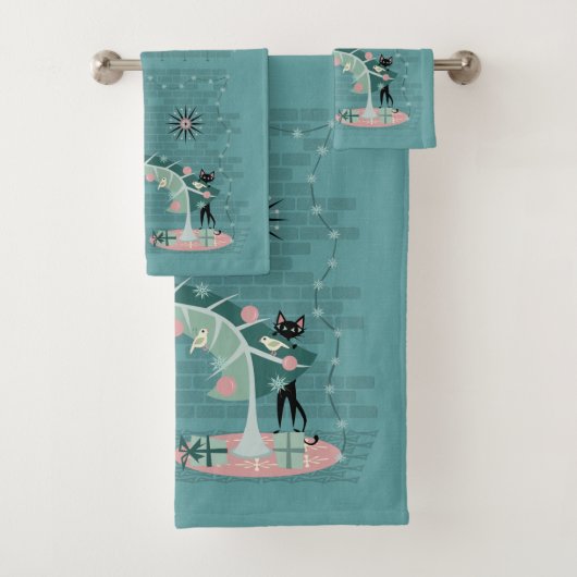 Retro Naughty Kat Kerstmis Bad Handdoek (Insitu)