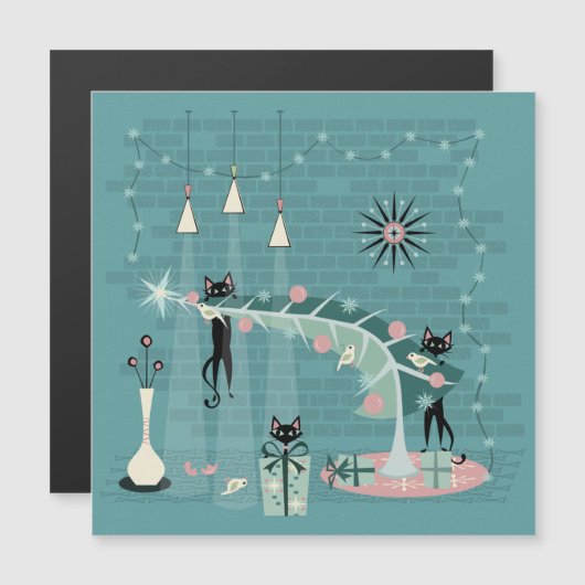 Retro Naughty Kat Kerstmis Magnetische Uitnodiging (Voorkant / Achterkant)