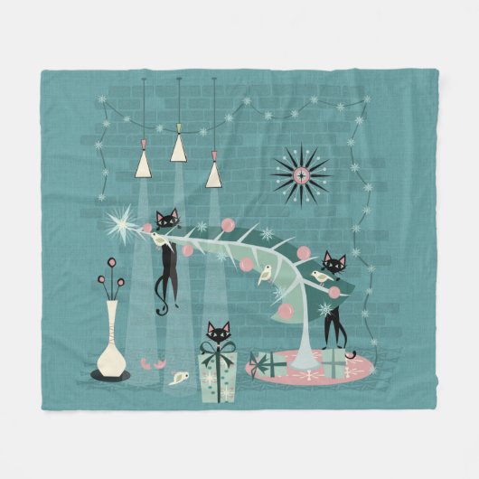 Retro Naughty Kat Kerstmis ©studioxine Fleece Deken (Voorkant (Horizontaal))