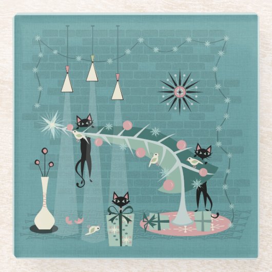 Retro Naughty Kat Kerstmis ©studioxine Glazen Onderzetter (Voorkant)
