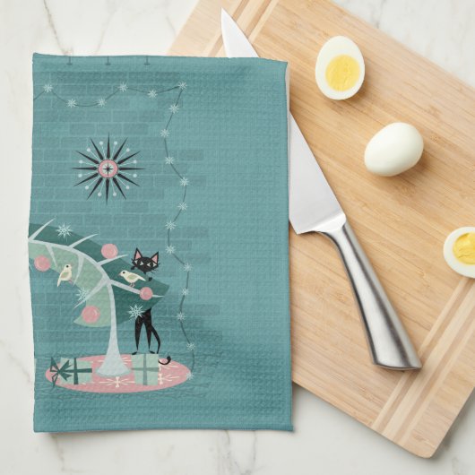 Retro Naughty Kat Kerstmis ©️ studioxine Theedoek (Quarter Fold)