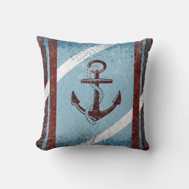 Retro Nautical Anchor Red Blue Grunge Distress Kussen (Voorkant)