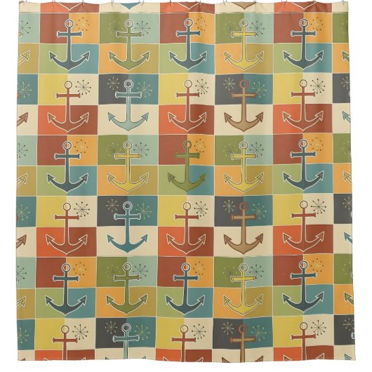 Retro Nautical Modern Anker Patroon  Douchegordijn (Voorkant)