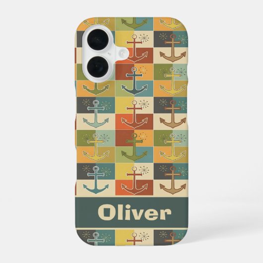 Retro Nautical Modern Anker Patroon iPhone 16 Hoesje (Achterkant)
