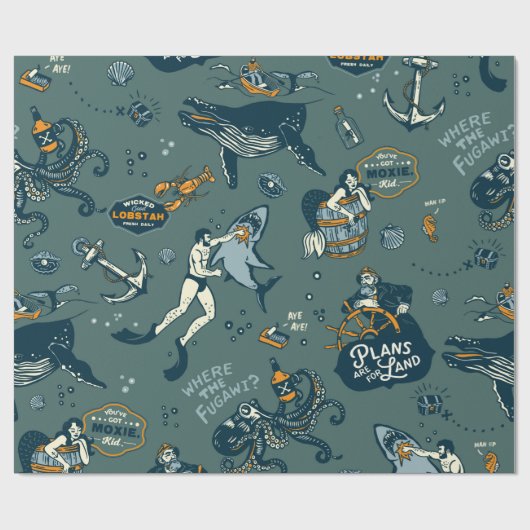 Retro Nautical Threadtical Ocean Pattern Cadeaupapier (Vlak)