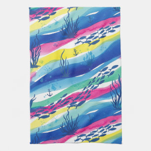 Retro Nautical Watercolor Patroon (3) Theedoek
