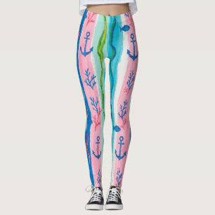 Retro Nautical Watercolor Patroon (4) Leggings