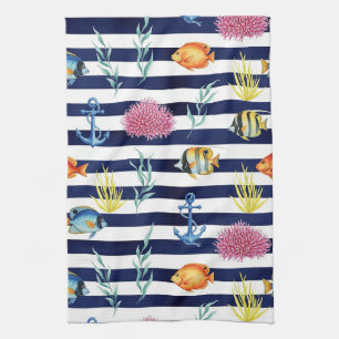 Retro Nautical Watercolor Patroon (8) Theedoek