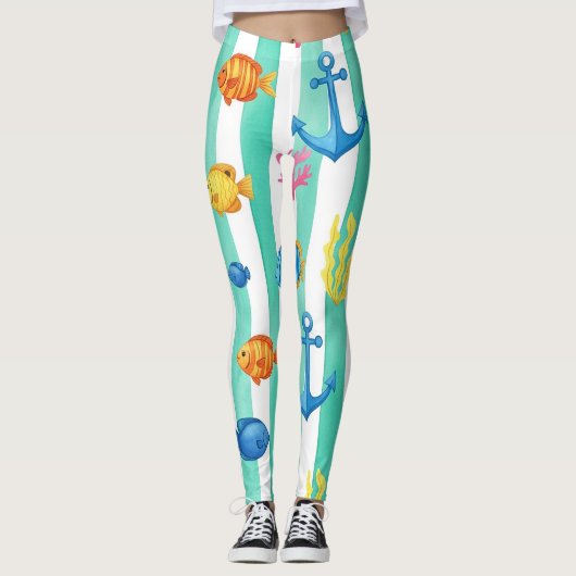 Retro Nautical Watercolor Patroon (9) Leggings (Voorkant)