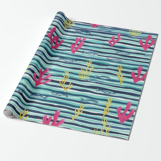 Retro Nautical Waterverf Patroon (1) Cadeaupapier (Uitgerold)