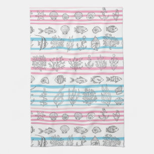 Retro nautisch aquarelpatroon (12) theedoek