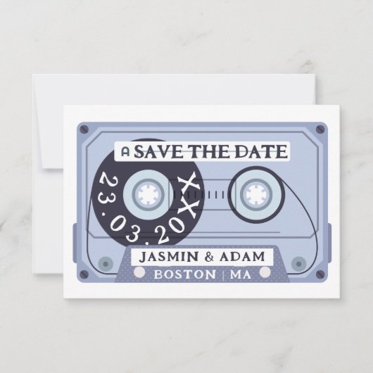 Retro Navy Blauw Cassettebandje Bruiloft Save The Date (Voorkant)