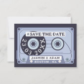 Retro Navy Blauw Cassettebandje Bruiloft Save The Date (Achterkant)