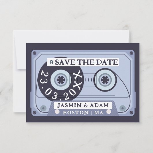 Retro Navy Blauw Cassettebandje Bruiloft Save The Date (Achterkant)