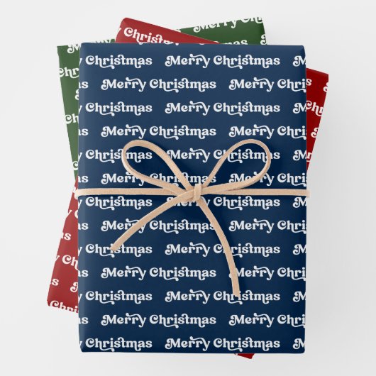Retro Navy Blauw, Rood Groen & Wit Vrolijk Kerstmi Inpakpapier Vel (In situ)