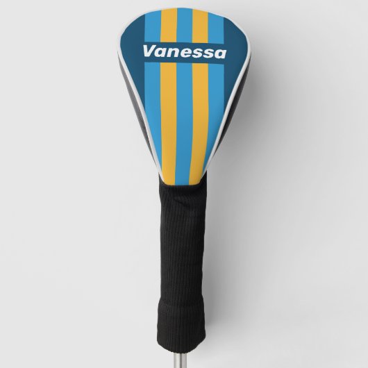 Retro Navy Blauwe Pin Strepen met Naam Golfheadcover (Voorkant)